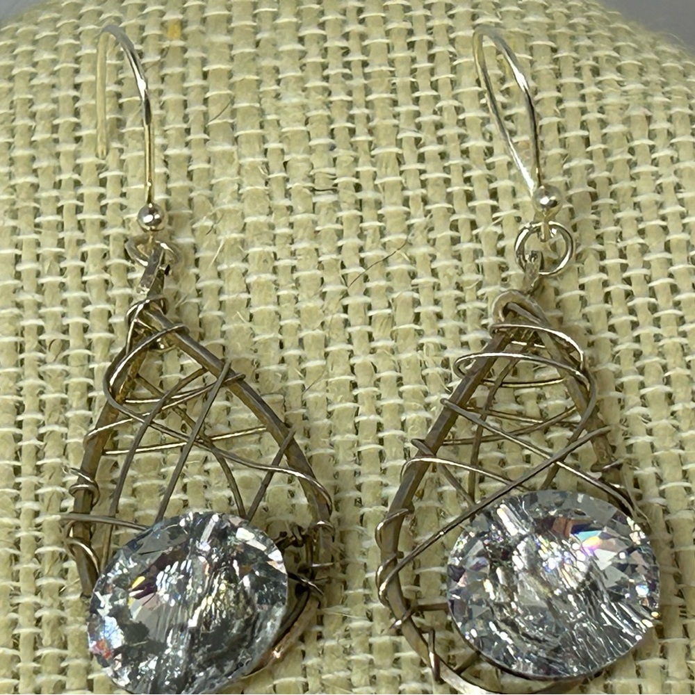 Silver-tone Teardrop Wire Dangle Earrings with Clear Rhinestone‎